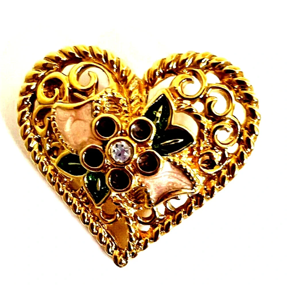 Heart Brooch Enameled Gold Tone with Rhinestone Center Engraved I Love You